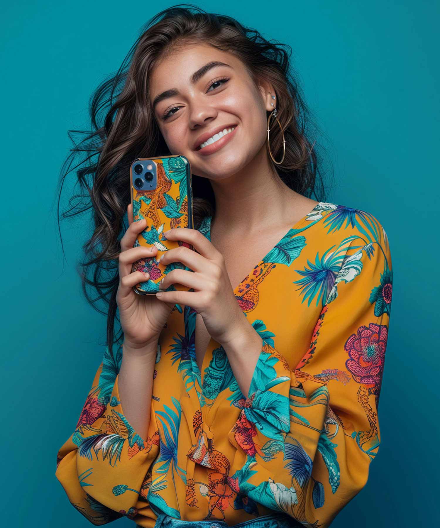 A picture of a female model from Stikis smiling with a smartphone case.