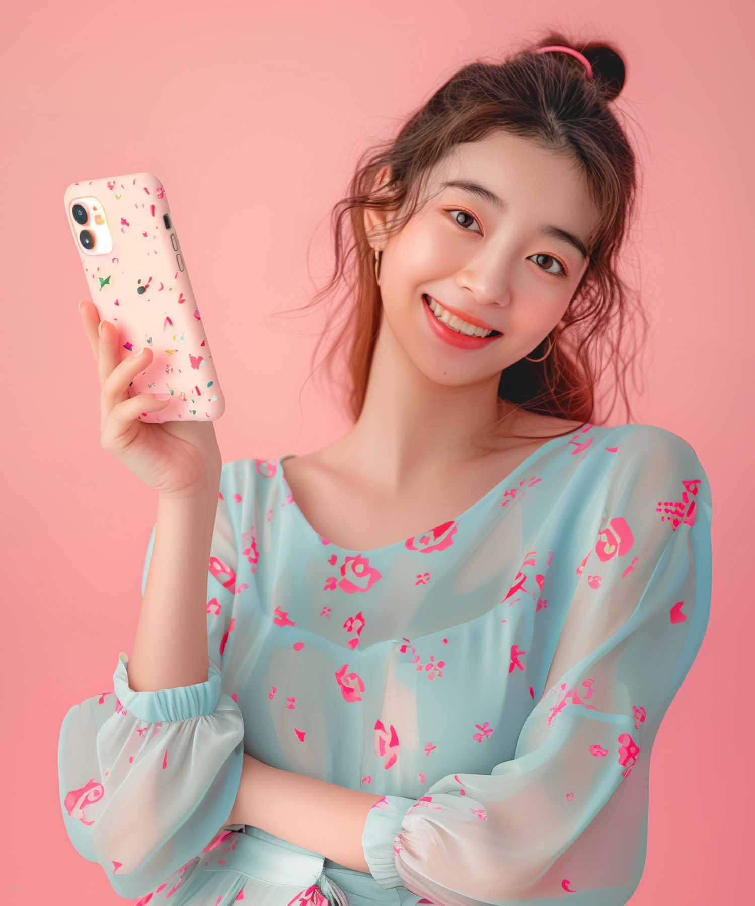 A picture of a korean female model from Stikis smiling with a smartphone case.