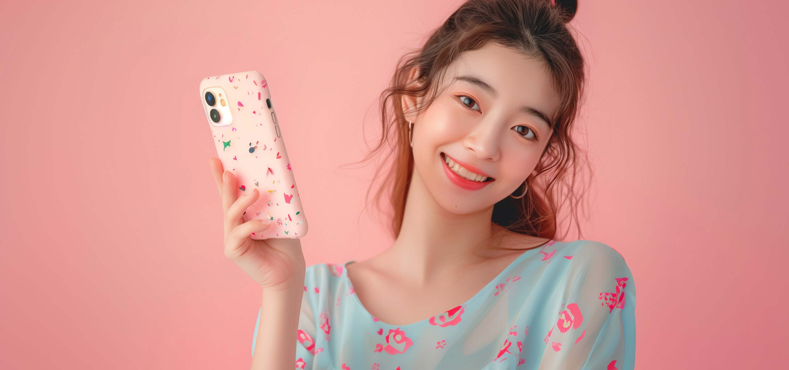 A picture of a korean female model from Stikis smiling with a smartphone case.